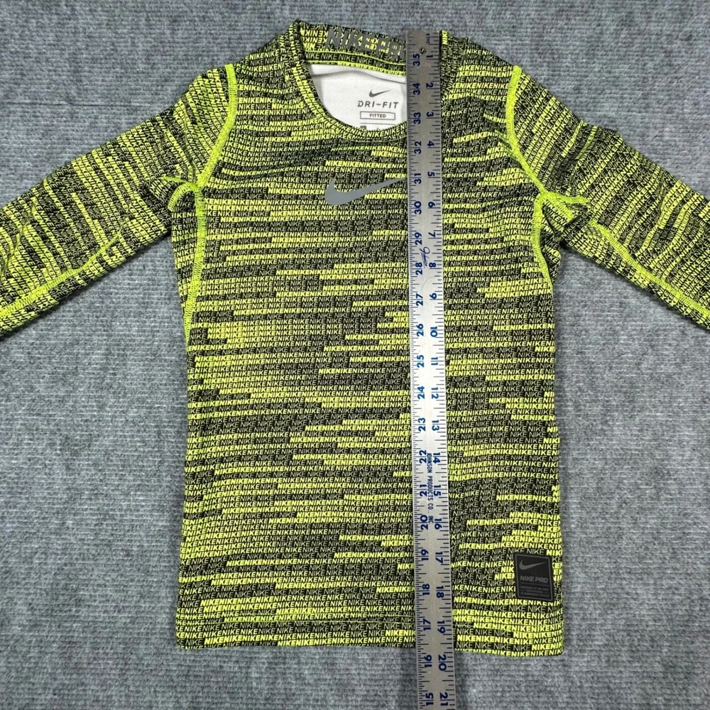Nike Pro Kids Dri-FIT Compression Shirt Neon Yellow Black Logo Print Small S